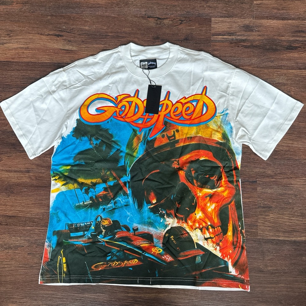 Godspeed white & blue with orange accents  
Retro motorsports skeleton war